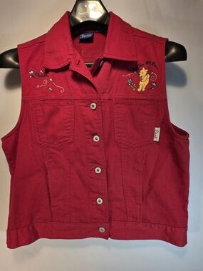 Vtg Disney Winnie The Pooh Red Denim Vest Womens Lg Whatever Will Bee Will Bee
